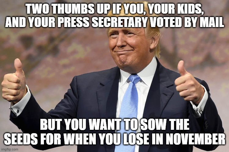 donald trump winning | TWO THUMBS UP IF YOU, YOUR KIDS, AND YOUR PRESS SECRETARY VOTED BY MAIL; BUT YOU WANT TO SOW THE SEEDS FOR WHEN YOU LOSE IN NOVEMBER | image tagged in donald trump winning | made w/ Imgflip meme maker