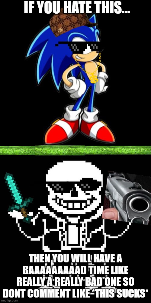 IF YOU HATE THIS... THEN YOU WILL HAVE A BAAAAAAAAAD TIME LIKE REALLY A REALLY BAD ONE SO DONT COMMENT LIKE *THIS SUCKS* | image tagged in memes,you're too slow sonic,sans undertale | made w/ Imgflip meme maker