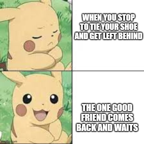 WHEN YOU STOP TO TIE YOUR SHOE AND GET LEFT BEHIND; THE ONE GOOD FRIEND COMES BACK AND WAITS | image tagged in memes | made w/ Imgflip meme maker