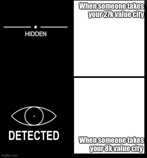 Hidden Detected | When someone takes your 27k value city; When someone takes your 8k value city | image tagged in hidden detected | made w/ Imgflip meme maker