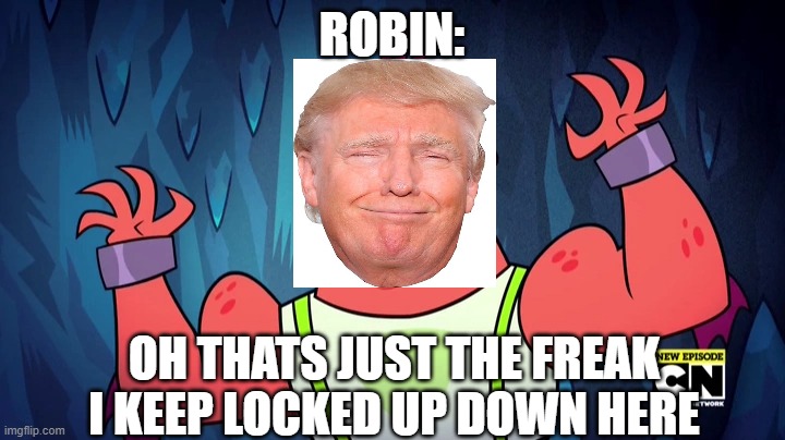 Oh thats the freak | ROBIN:; OH THATS JUST THE FREAK I KEEP LOCKED UP DOWN HERE | image tagged in teen titans go | made w/ Imgflip meme maker