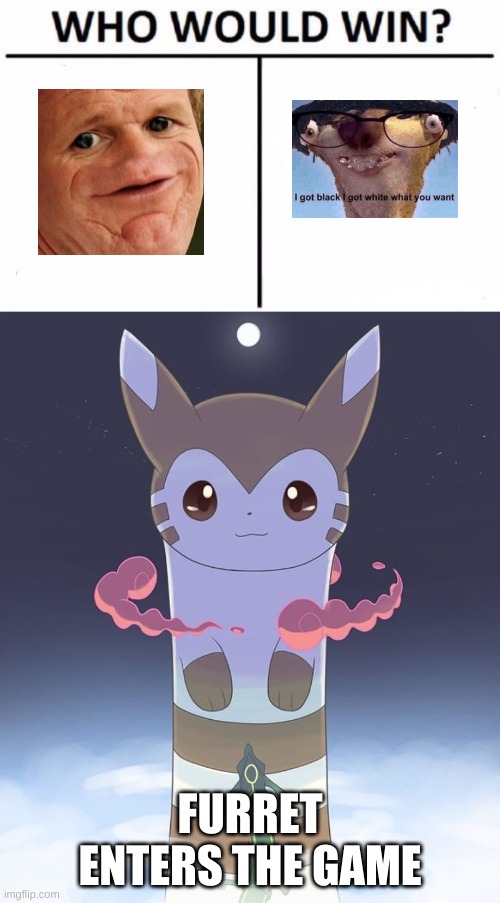 Furret trumps all, doesn't he? | FURRET ENTERS THE GAME | image tagged in memes,who would win,giant furret,sosig,i got black i got white which one you want | made w/ Imgflip meme maker