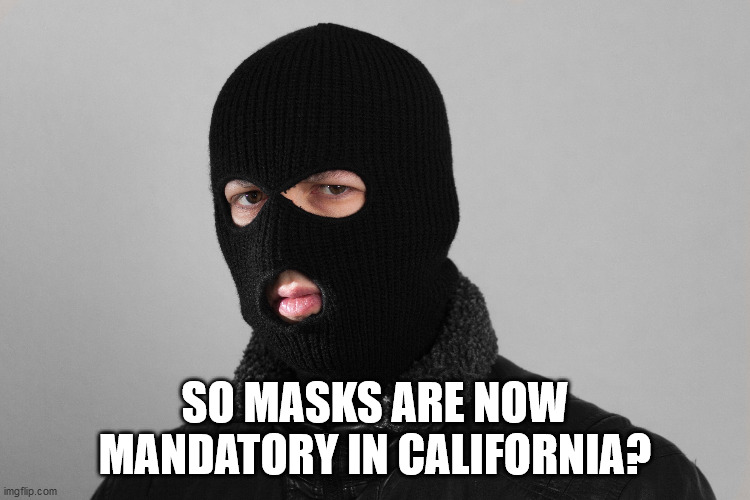SO MASKS ARE NOW MANDATORY IN CALIFORNIA? | image tagged in covid-19 | made w/ Imgflip meme maker