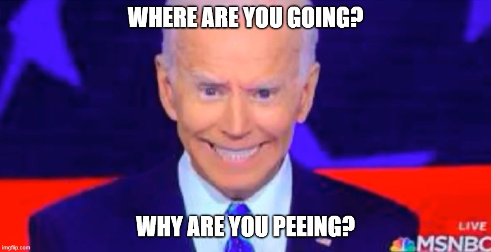 Creepy Joe 2020 | WHERE ARE YOU GOING? WHY ARE YOU PEEING? | image tagged in creepy joe 2020 | made w/ Imgflip meme maker