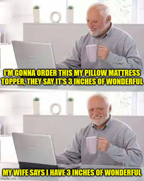 Hide the Pain Harold | I'M GONNA ORDER THIS MY PILLOW MATTRESS TOPPER, THEY SAY IT'S 3 INCHES OF WONDERFUL; MY WIFE SAYS I HAVE 3 INCHES OF WONDERFUL | image tagged in memes,hide the pain harold,it's a wonderful life,first world problems,aint nobody got time for that,your gonna have a bad time | made w/ Imgflip meme maker