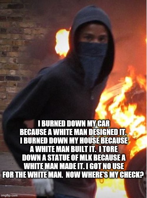 Another Great Contributor to Society | I BURNED DOWN MY CAR BECAUSE A WHITE MAN DESIGNED IT.  I BURNED DOWN MY HOUSE BECAUSE A WHITE MAN BUILT IT.  I TORE DOWN A STATUE OF MLK BECAUSE A WHITE MAN MADE IT. I GOT NO USE FOR THE WHITE MAN.  NOW WHERE'S MY CHECK? | image tagged in looting | made w/ Imgflip meme maker