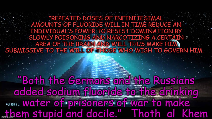 FLUORIDE MAKES YOU STUPID | “REPEATED DOSES OF INFINITESIMAL AMOUNTS OF FLUORIDE WILL IN TIME REDUCE AN INDIVIDUAL’S POWER TO RESIST DOMINATION BY SLOWLY POISONING AND NARCOTIZING A CERTAIN AREA OF THE BRAIN AND WILL THUS MAKE HIM SUBMISSIVE TO THE WILL OF THOSE WHO WISH TO GOVERN HIM. “Both the Germans and the Russians added sodium fluoride to the drinking water of prisoners of war to make them stupid and docile.”   Thoth  al  Khem | image tagged in fluoride,poison,makesyoustupid | made w/ Imgflip meme maker