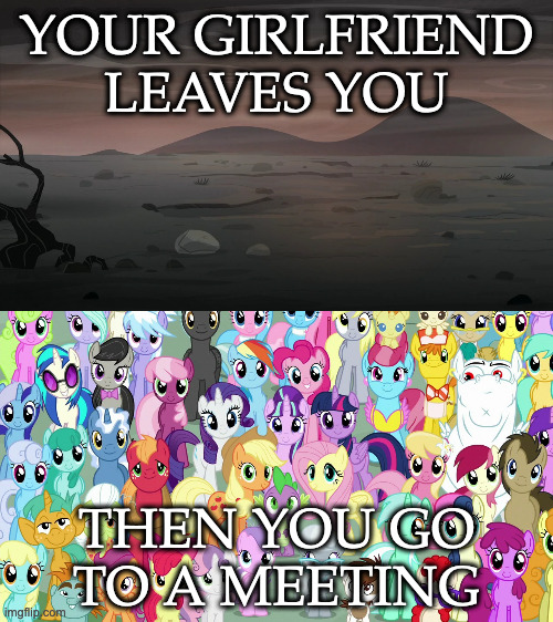 My Little Pony breakup meeting | YOUR GIRLFRIEND LEAVES YOU; THEN YOU GO TO A MEETING | image tagged in recovery,my little pony,slaa,breakup | made w/ Imgflip meme maker