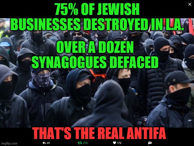 Racism, Anti-semitism, and anti-Americanism. That's BLM and Antifa. | 75% OF JEWISH BUSINESSES DESTROYED IN L.A. OVER A DOZEN SYNAGOGUES DEFACED; THAT'S THE REAL ANTIFA | image tagged in antifa,blm,liberal hypocrisy,politics,riots | made w/ Imgflip meme maker