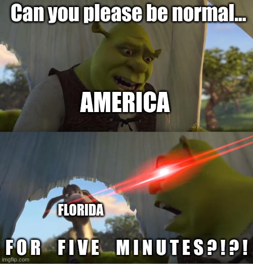 one normal thing Florida has is Disney World | Can you please be normal... AMERICA; FLORIDA; F O R     F I V E     M I N U T E S ? ! ? ! | image tagged in shrek for five minutes | made w/ Imgflip meme maker