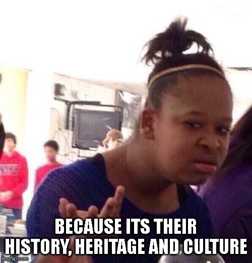 Black Girl Wat Meme | BECAUSE ITS THEIR HISTORY, HERITAGE AND CULTURE | image tagged in memes,black girl wat | made w/ Imgflip meme maker