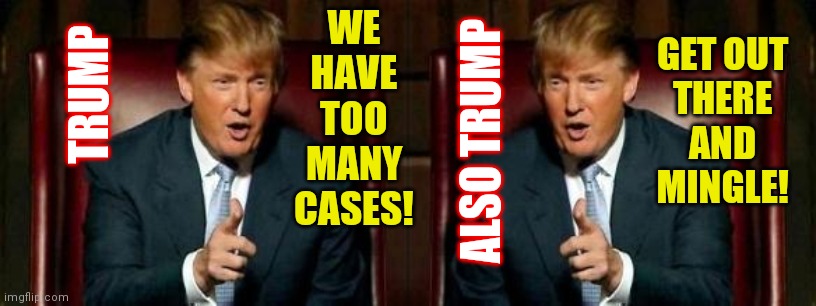 WE HAVE TOO MANY CASES! GET OUT
THERE
AND
MINGLE! TRUMP ALSO TRUMP | image tagged in donald trump | made w/ Imgflip meme maker