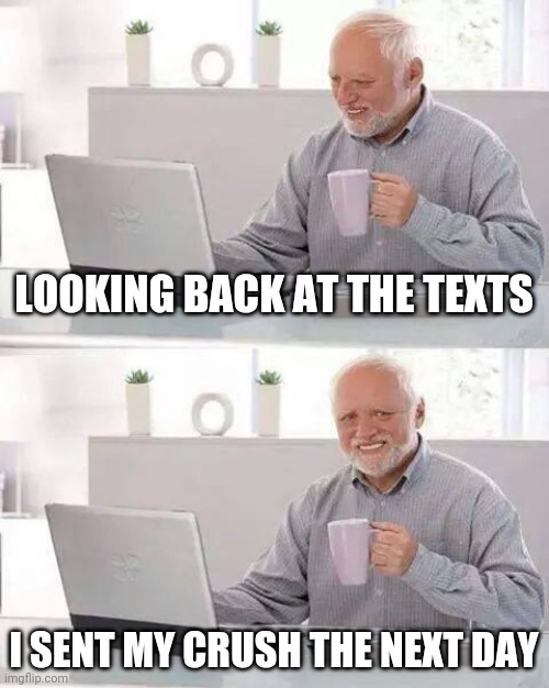 Hide the Pain Harold Meme | LOOKING BACK AT THE TEXTS; I SENT MY CRUSH THE NEXT DAY | image tagged in memes,hide the pain harold | made w/ Imgflip meme maker