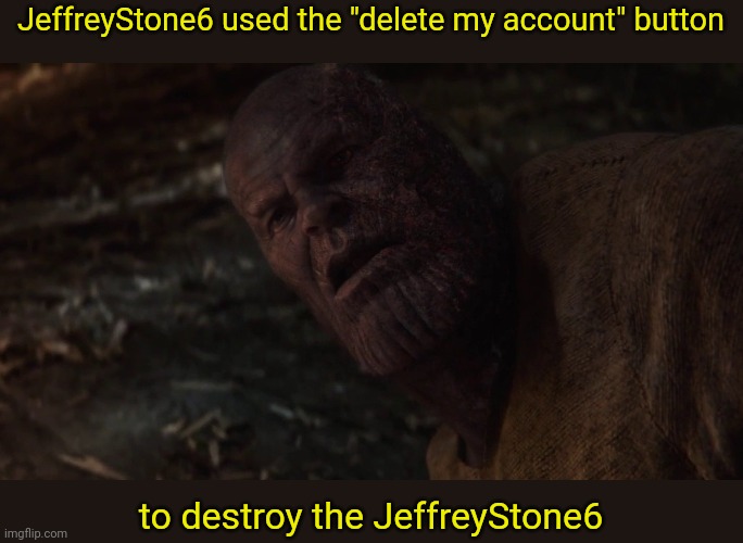 I Used the Stones to Destroy the Stones Blank | JeffreyStone6 used the "delete my account" button to destroy the JeffreyStone6 | image tagged in i used the stones to destroy the stones blank | made w/ Imgflip meme maker