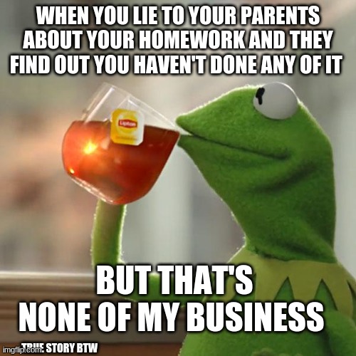 But That's None Of My Business | WHEN YOU LIE TO YOUR PARENTS ABOUT YOUR HOMEWORK AND THEY FIND OUT YOU HAVEN'T DONE ANY OF IT; BUT THAT'S NONE OF MY BUSINESS; TRUE STORY BTW | image tagged in memes,but that's none of my business,kermit the frog | made w/ Imgflip meme maker