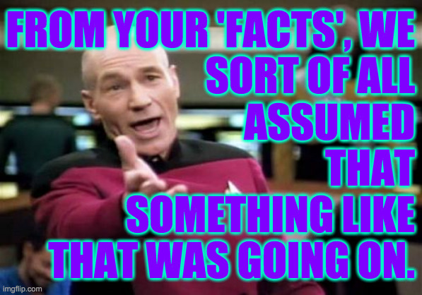 Picard Wtf Meme | FROM YOUR 'FACTS', WE
SORT OF ALL
ASSUMED
THAT
SOMETHING LIKE
THAT WAS GOING ON. | image tagged in memes,picard wtf | made w/ Imgflip meme maker