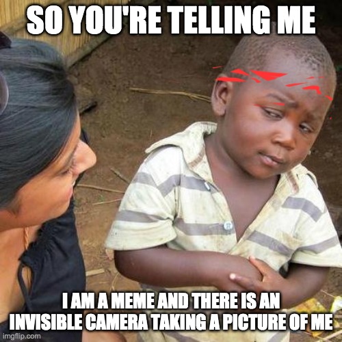 Third World Skeptical Kid Meme | SO YOU'RE TELLING ME; I AM A MEME AND THERE IS AN INVISIBLE CAMERA TAKING A PICTURE OF ME | image tagged in memes,third world skeptical kid | made w/ Imgflip meme maker