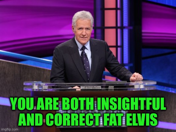 Alex Trebek Jeopardy | YOU ARE BOTH INSIGHTFUL AND CORRECT FAT ELVIS | image tagged in alex trebek jeopardy | made w/ Imgflip meme maker