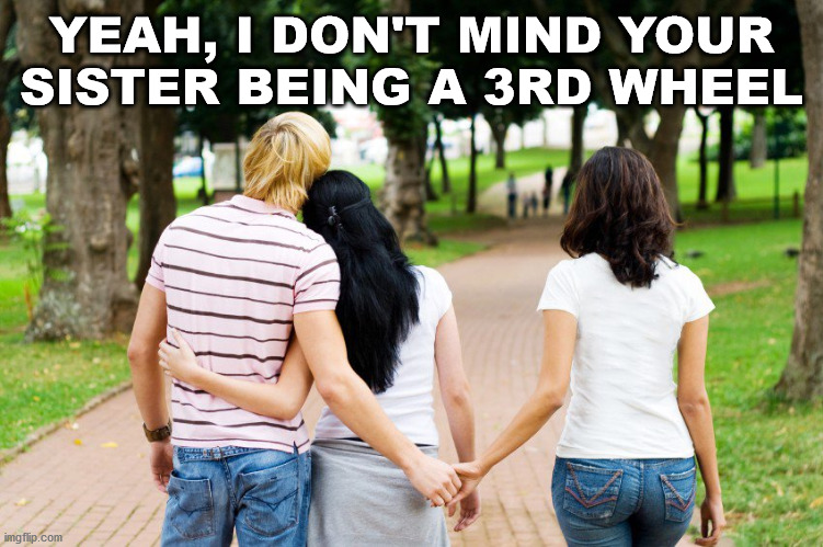 holding hands cheating | YEAH, I DON'T MIND YOUR SISTER BEING A 3RD WHEEL | image tagged in holding hands cheating | made w/ Imgflip meme maker