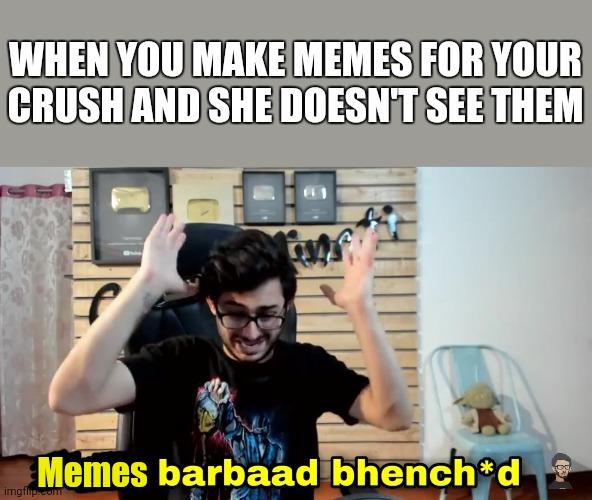 They're hard earned memes! | WHEN YOU MAKE MEMES FOR YOUR CRUSH AND SHE DOESN'T SEE THEM; Memes | image tagged in paise barbaad bhenchd | made w/ Imgflip meme maker