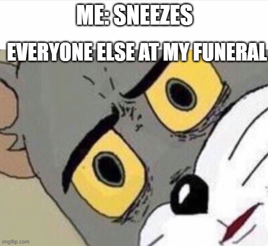 Disturbed Tom (IMPROVED) | ME: SNEEZES; EVERYONE ELSE AT MY FUNERAL | image tagged in disturbed tom improved | made w/ Imgflip meme maker