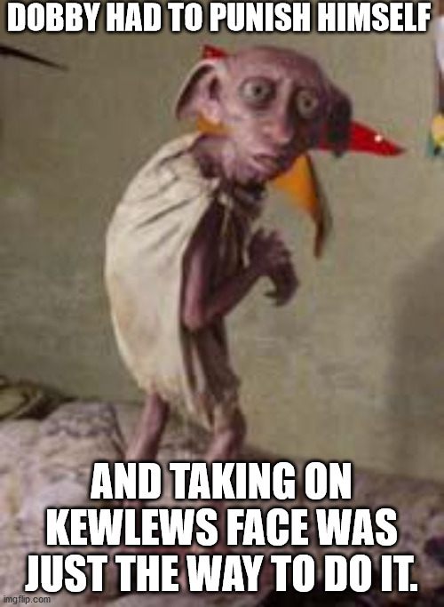 dobby | DOBBY HAD TO PUNISH HIMSELF AND TAKING ON KEWLEWS FACE WAS JUST THE WAY TO DO IT. | image tagged in dobby | made w/ Imgflip meme maker