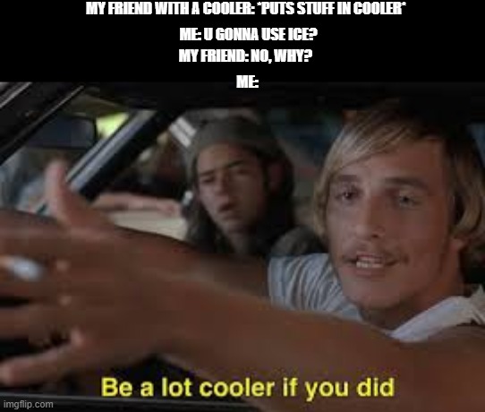 Be a lot cooler if you did | MY FRIEND WITH A COOLER: *PUTS STUFF IN COOLER*; ME: U GONNA USE ICE? MY FRIEND: NO, WHY? ME: | image tagged in be a lot cooler if you did | made w/ Imgflip meme maker