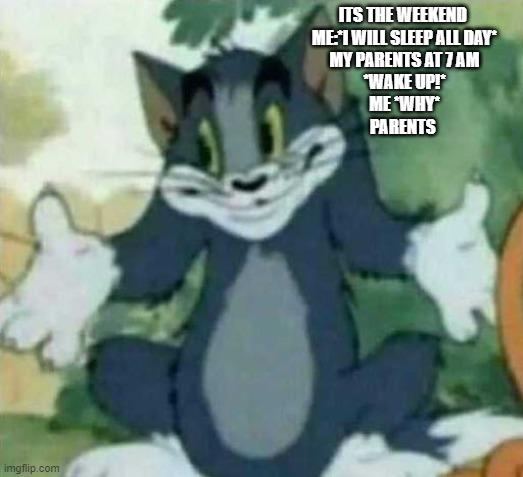 tom i dont know meme |  ITS THE WEEKEND 
ME:*I WILL SLEEP ALL DAY*
MY PARENTS AT 7 AM
*WAKE UP!*
ME *WHY*
PARENTS | image tagged in tom i dont know meme | made w/ Imgflip meme maker