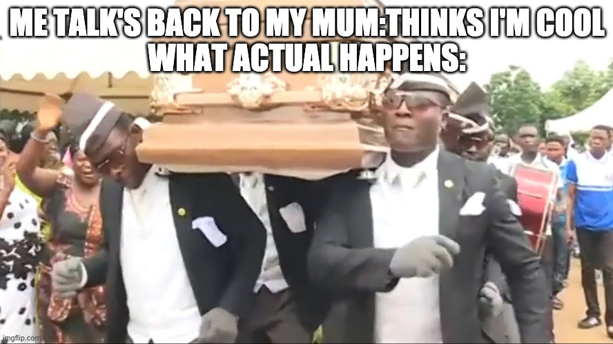 Coffin Dance | ME TALK'S BACK TO MY MUM:THINKS I'M COOL
WHAT ACTUAL HAPPENS: | image tagged in coffin dance | made w/ Imgflip meme maker