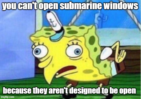 Mocking Spongebob Meme | you can't open submarine windows because they aren't designed to be open | image tagged in memes,mocking spongebob | made w/ Imgflip meme maker