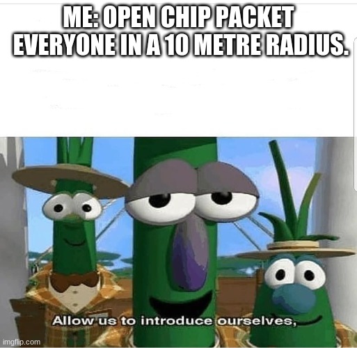 Allow us to introduce ourselves | ME: OPEN CHIP PACKET
 EVERYONE IN A 10 METRE RADIUS. | image tagged in allow us to introduce ourselves,funny memes,funny,memes,stop reading the tags,idiot | made w/ Imgflip meme maker