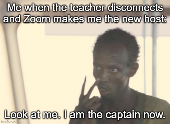 Stupid Zoom meme |  Me when the teacher disconnects and Zoom makes me the new host:; Look at me. I am the captain now. | image tagged in memes,i'm the captain now | made w/ Imgflip meme maker