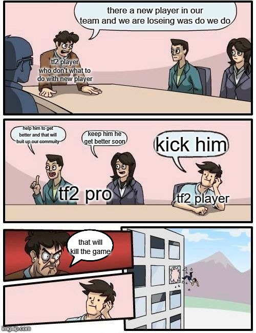 tf2 now | there a new player in our team and we are loseing was do we do; tf2 player who don't what to do with new player; help him to get better and that will buit up our commuity; keep him he get better soon; kick him; tf2 pro; tf2 player; that will kill the game | image tagged in memes,boardroom meeting suggestion | made w/ Imgflip meme maker