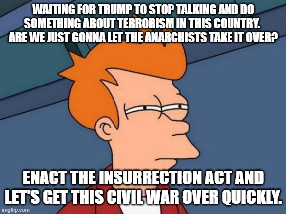 Do something other than talking. | WAITING FOR TRUMP TO STOP TALKING AND DO SOMETHING ABOUT TERRORISM IN THIS COUNTRY.  ARE WE JUST GONNA LET THE ANARCHISTS TAKE IT OVER? ENACT THE INSURRECTION ACT AND LET'S GET THIS CIVIL WAR OVER QUICKLY. | image tagged in memes,futurama fry | made w/ Imgflip meme maker