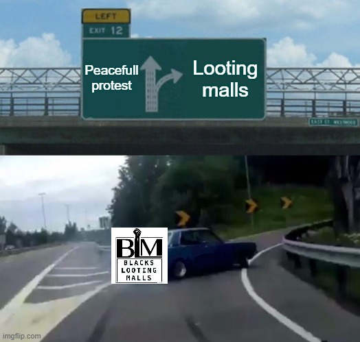 Left Exit 12 Off Ramp | Peacefull protest; Looting malls | image tagged in memes,left exit 12 off ramp | made w/ Imgflip meme maker