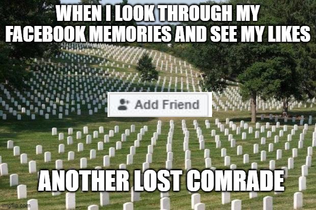 Fallen Soldiers | WHEN I LOOK THROUGH MY FACEBOOK MEMORIES AND SEE MY LIKES; ANOTHER LOST COMRADE | image tagged in fallen soldiers | made w/ Imgflip meme maker