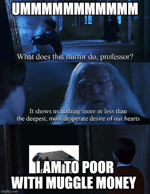 Harry potter mirror | UMMMMMMMMMMM; I AM TO POOR WITH MUGGLE MONEY | image tagged in harry potter mirror | made w/ Imgflip meme maker