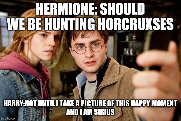 Harry potter selfie | HERMIONE: SHOULD WE BE HUNTING HORCRUXSES; HARRY:NOT UNTIL I TAKE A PICTURE OF THIS HAPPY MOMENT
AND I AM SIRIUS | image tagged in harry potter selfie | made w/ Imgflip meme maker