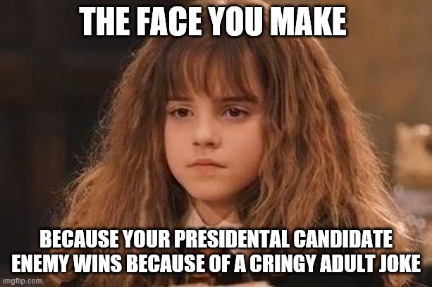 Harry Potter - Miss Granger is NOT amused | THE FACE YOU MAKE; BECAUSE YOUR PRESIDENTAL CANDIDATE ENEMY WINS BECAUSE OF A CRINGY ADULT JOKE | image tagged in harry potter - miss granger is not amused | made w/ Imgflip meme maker