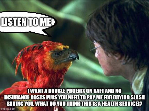 Phoenix Harry potter | LISTEN TO ME; I WANT A DOUBLE PHOENIX ON RAFT AND NO INSURANCE COSTS PLUS YOU NEED TO PAY ME FOR CRYING SLASH SAVING YOU, WHAT DO YOU THINK THIS IS A HEALTH SERVICE!? | image tagged in phoenix harry potter | made w/ Imgflip meme maker