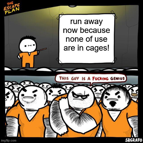 The Escape Plan | run away now because none of use are in cages! | image tagged in the escape plan | made w/ Imgflip meme maker