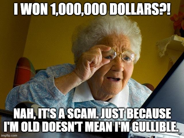 Grandma Finds The Internet Meme | I WON 1,000,000 DOLLARS?! NAH, IT'S A SCAM. JUST BECAUSE I'M OLD DOESN'T MEAN I'M GULLIBLE. | image tagged in memes,grandma finds the internet | made w/ Imgflip meme maker