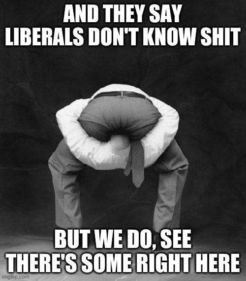 Head Up Ass | AND THEY SAY LIBERALS DON'T KNOW SHIT BUT WE DO, SEE THERE'S SOME RIGHT HERE | image tagged in head up ass | made w/ Imgflip meme maker