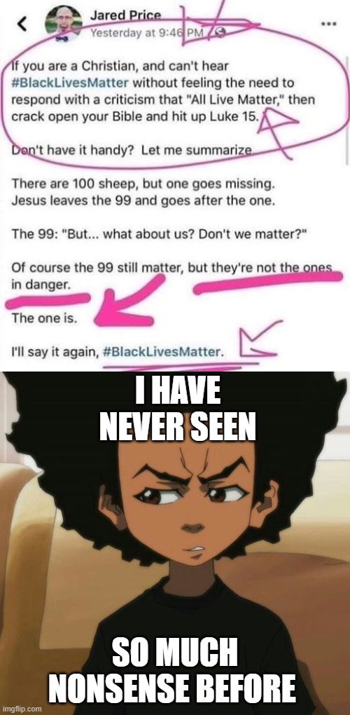someone needs to reread the Bible. (how you like my new template?) | I HAVE NEVER SEEN; SO MUCH NONSENSE BEFORE | image tagged in huey freeman 1,black lives matter,memes | made w/ Imgflip meme maker
