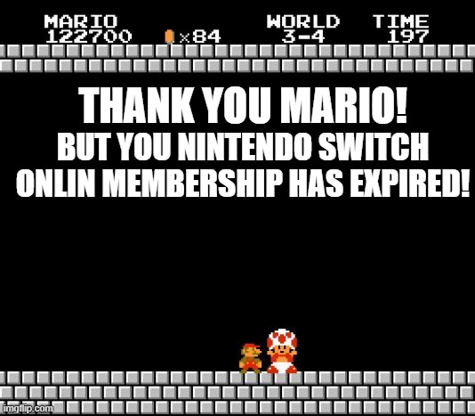 so true | THANK YOU MARIO! BUT YOU NINTENDO SWITCH ONLIN MEMBERSHIP HAS EXPIRED! | image tagged in thank you mario | made w/ Imgflip meme maker