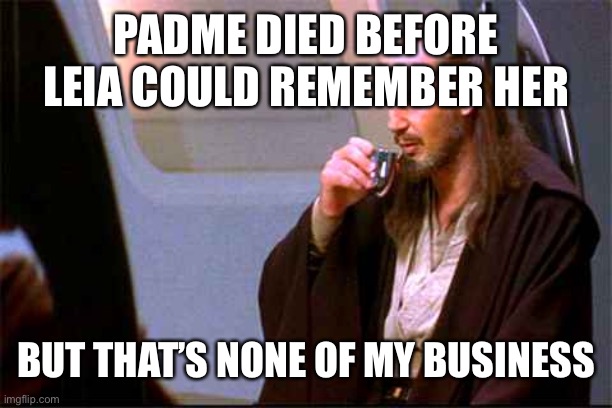 Qui-Gon Gin Drinking | PADME DIED BEFORE LEIA COULD REMEMBER HER; BUT THAT’S NONE OF MY BUSINESS | image tagged in qui-gon gin drinking,star wars plot hole,star wars | made w/ Imgflip meme maker