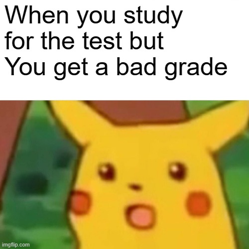 Surprised Pikachu Meme | When you study for the test but You get a bad grade | image tagged in memes,surprised pikachu | made w/ Imgflip meme maker