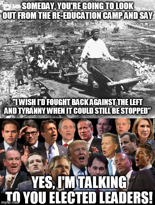 SOMEDAY, YOU'RE GOING TO LOOK OUT FROM THE RE-EDUCATION CAMP AND SAY; "I WISH I'D FOUGHT BACK AGAINST THE LEFT AND TYRANNY WHEN IT COULD STILL BE STOPPED"; YES, I'M TALKING TO YOU ELECTED LEADERS! | image tagged in the republicans,gulag | made w/ Imgflip meme maker