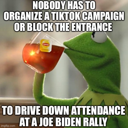 But That's None Of My Business | NOBODY HAS TO ORGANIZE A TIKTOK CAMPAIGN OR BLOCK THE ENTRANCE; TO DRIVE DOWN ATTENDANCE AT A JOE BIDEN RALLY | image tagged in creepy joe biden,trump rally | made w/ Imgflip meme maker