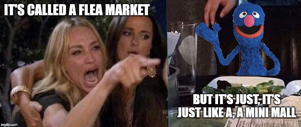 Grover claims that a flea market is just like a mini mall | IT'S CALLED A FLEA MARKET; BUT IT'S JUST, IT'S JUST LIKE A, A MINI MALL | image tagged in woman yelling at cat,sesame street,shopping | made w/ Imgflip meme maker